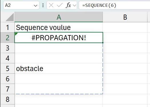 Cellule affichant l'erreur #PROPAGATION! sur Excel, avec la zone de propagation entourée de pointillés bleus et une cellule « obstacle » qui bloque le résultat