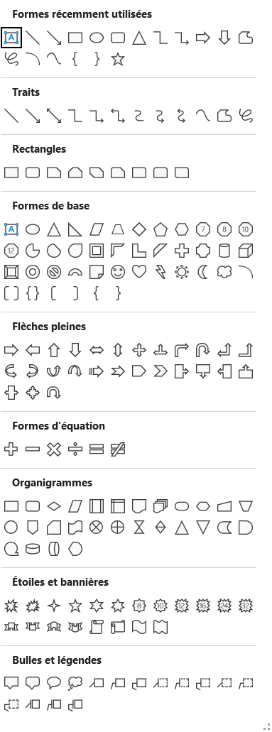 Galerie Formes du ruban Insertion dans Excel avec les catégories Traits, Rectangles et Flèches