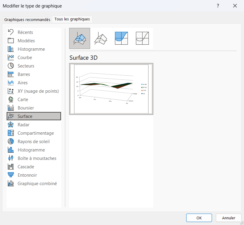 Fenêtre « Modifier le type de graphique » d'Excel, catégorie Surface sélectionnée avec un aperçu de surface 3D colorée.