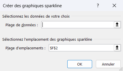 Boîte de dialogue « Créer des graphiques sparkline » d'Excel, avec les champs « Plage de données » et « Plage d'emplacements » (ici $F$2).