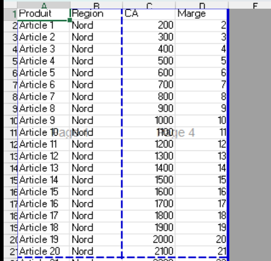 Feuille Excel en aperçu des sauts de page, avec les limites de page tracées en lignes bleues et les numéros de page en filigrane