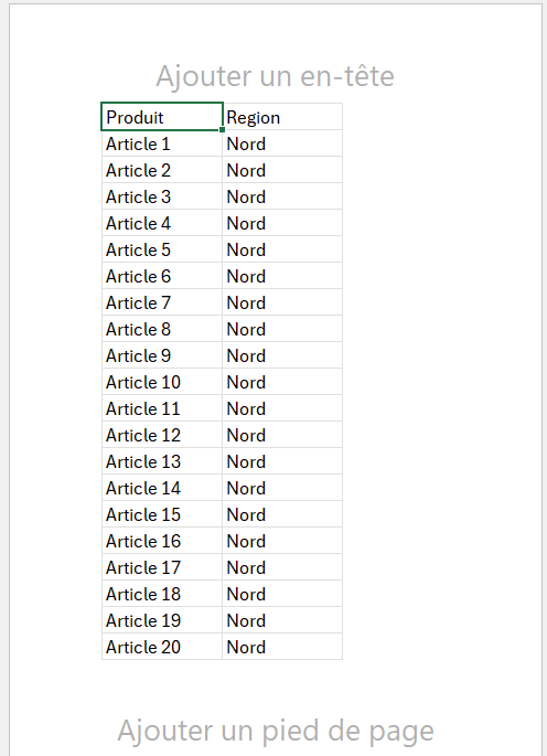 Vue Mise en page d'Excel montrant la feuille découpée en pages avec ses marges, ses en-têtes et ses pieds de page