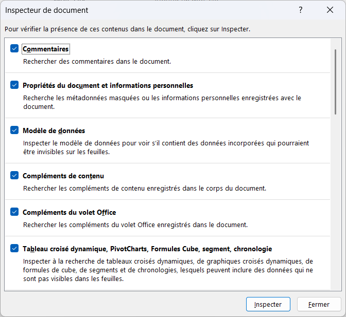 Boîte de dialogue Inspecteur de document d'Excel avec les cases à cocher des contenus à vérifier (commentaires, propriétés du document, modèle de données…)