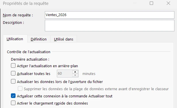 Fenêtre Propriétés de la requête d'Excel, onglet Utilisation, section Contrôle de l'actualisation, avec les cases Activer l'actualisation en arrière-plan, Actualiser toutes les 60 minutes et Actualiser les données lors de l'ouverture du fichier.