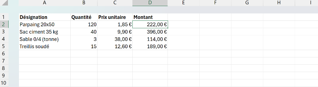 Devis de matériaux où la cellule D2 contient la formule =B2*C2 qui relie quantité et prix unitaire par leurs adresses.