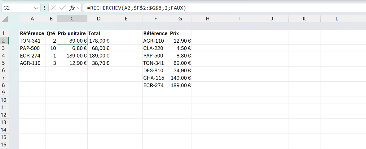 Devis Excel dont les prix sont récupérés dans un catalogue par RECHERCHEV, la formule avec ses quatre arguments dont FAUX visible dans la barre de formule