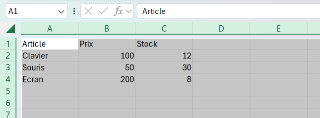 Feuille Excel entièrement sélectionnée après un clic sur le rectangle gris du coin supérieur gauche, à l'intersection des en-têtes de lignes et de colonnes.