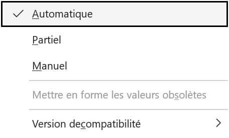 Menu du bouton Options de calcul d'Excel déroulé, avec Automatique coché, puis Partiel et Manuel.