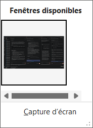 Menu déroulant Capture de l'onglet Insertion d'Excel affichant les vignettes des fenêtres ouvertes et l'option Capture d'écran en bas du menu.