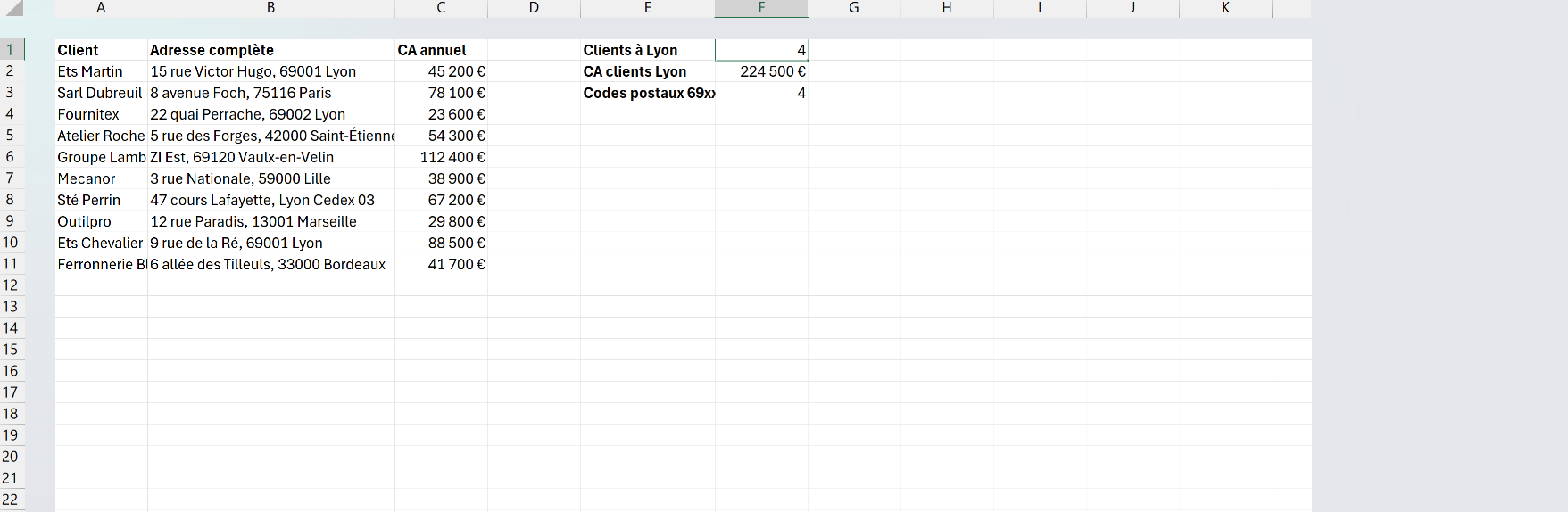 Feuille Excel avec une colonne d'adresses complètes et des formules NB.SI et SOMME.SI utilisant l'astérisque pour compter et additionner les clients de Lyon.