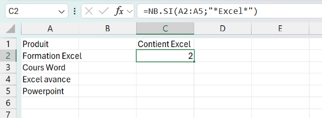 Cellule C2 avec la formule =NB.SI(A2:A5;"*Excel*") dans la barre de formule, qui compte 2 produits contenant le mot Excel parmi Formation Excel, Cours Word, Excel avance et Powerpoint.