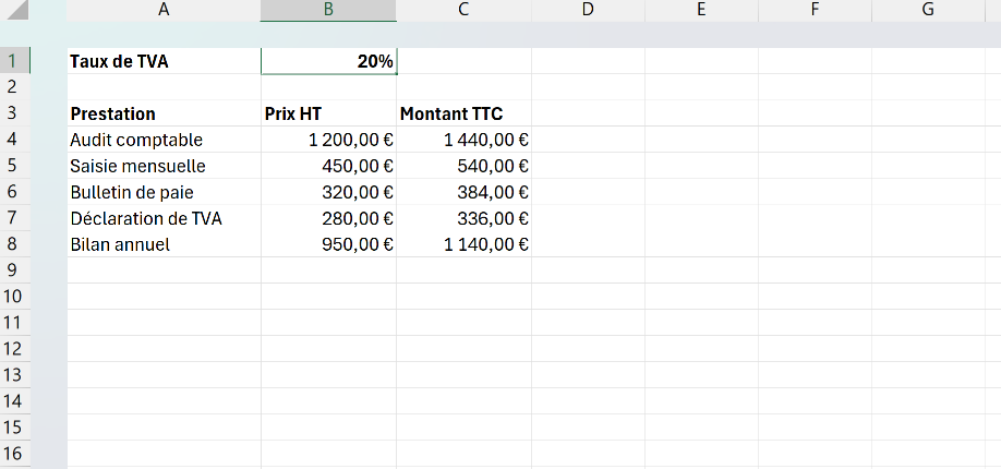 Facture Excel avec le taux de TVA saisi une seule fois dans la cellule B1 et une colonne Montant TTC calculée par formule.