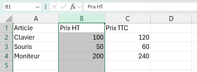 Colonne B entièrement sélectionnée, la série verticale des prix HT surlignée, avec la référence B1 et l'en-tête Prix HT dans la barre de formule.