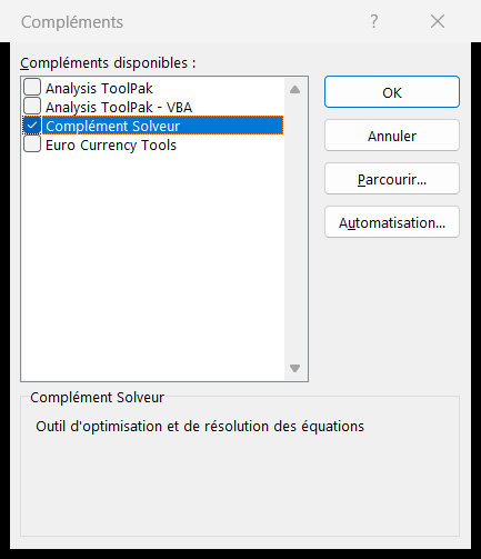 Dialogue Macro complémentaire d'Excel listant les compléments disponibles avec la case Utilitaire d'analyse