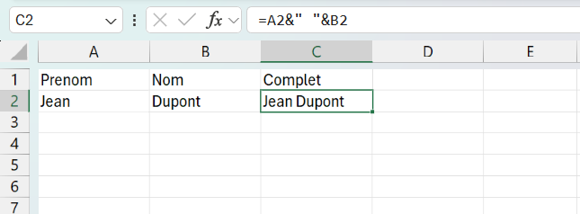 Cellule C2 avec la formule =A2&" "&B2 dans la barre de formule, qui assemble Jean et Dupont en Jean Dupont dans la colonne Complet.