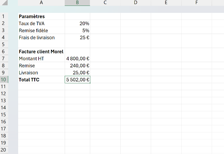 Bloc de paramètres avec les constantes TVA, remise fidèle et frais de livraison nommées, utilisées plus bas dans le calcul d'une facture.