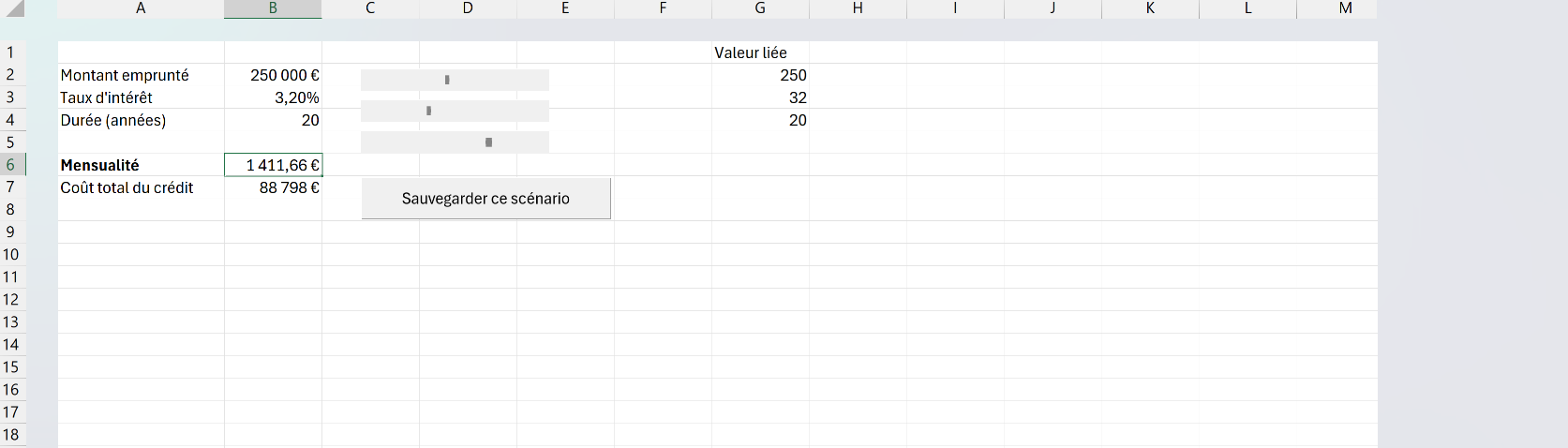 Simulateur de prêt Excel avec trois barres de défilement pilotant le montant, le taux et la durée, et la mensualité calculée par VPM.