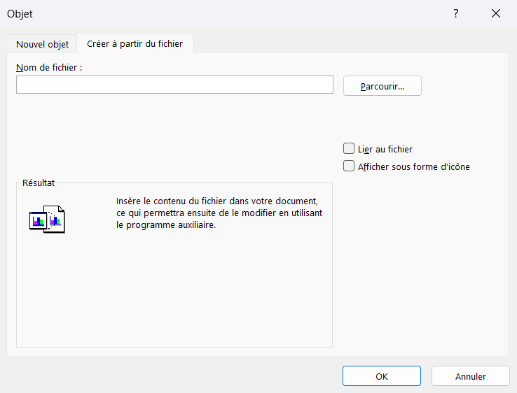 Boîte de dialogue Objet d'Excel, onglet Créer à partir du fichier, avec le champ Nom de fichier, le bouton Parcourir et les cases Lier au fichier et Afficher sous forme d'icône