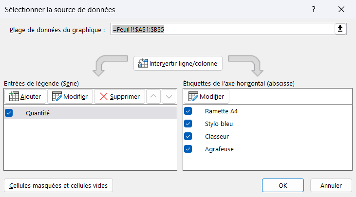 Boîte de dialogue Sélectionner la source de données dans Excel, avec le bouton Modifier de la colonne Entrées de légende (Série)