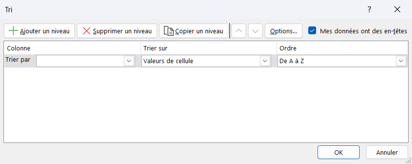 Boîte de dialogue Tri d'Excel, avec le bouton Ajouter un niveau en haut à gauche et les colonnes Colonne, Trier sur et Ordre