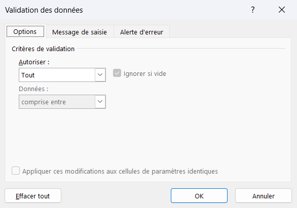 Boîte Validation des données d'Excel, onglet Options, avec la liste Autoriser et ses trois onglets Options, Message de saisie et Alerte d'erreur.