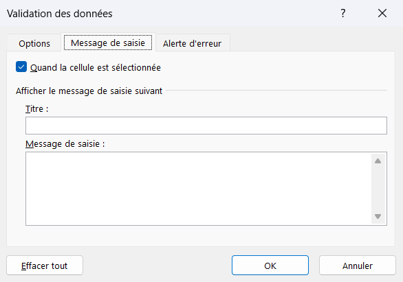 Onglet Message de saisie de la boîte de dialogue Validation des données dans Excel, avec les champs Titre et Message de saisie