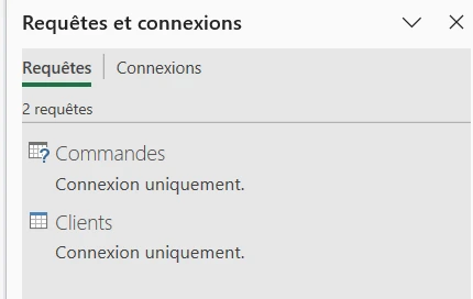Volet Requêtes et connexions d'Excel listant les deux jeux de données externes chargés dans le classeur, les requêtes Commandes et Clients, chacune en « Connexion uniquement »