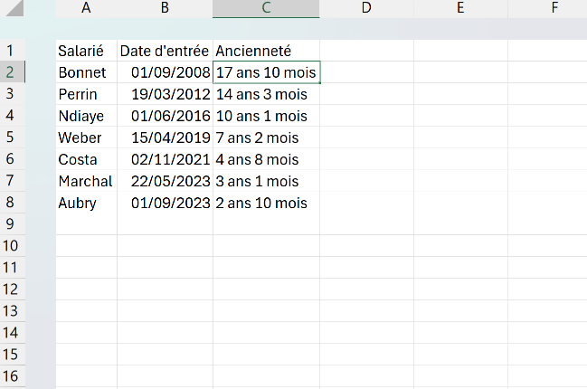 Tableau de salariés avec une colonne Date d'entrée et une colonne Ancienneté affichant des durées en années et en mois.