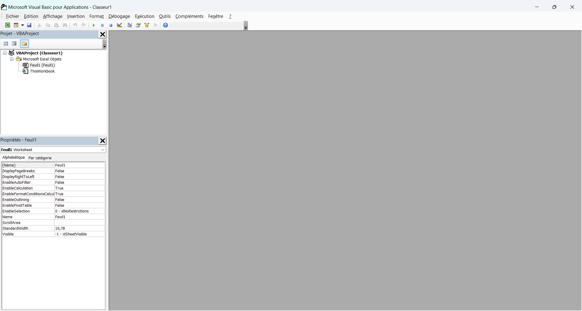 Éditeur Visual Basic pour Applications ouvert sur un classeur Excel, avec l'explorateur de projet et la fenêtre Propriétés à gauche