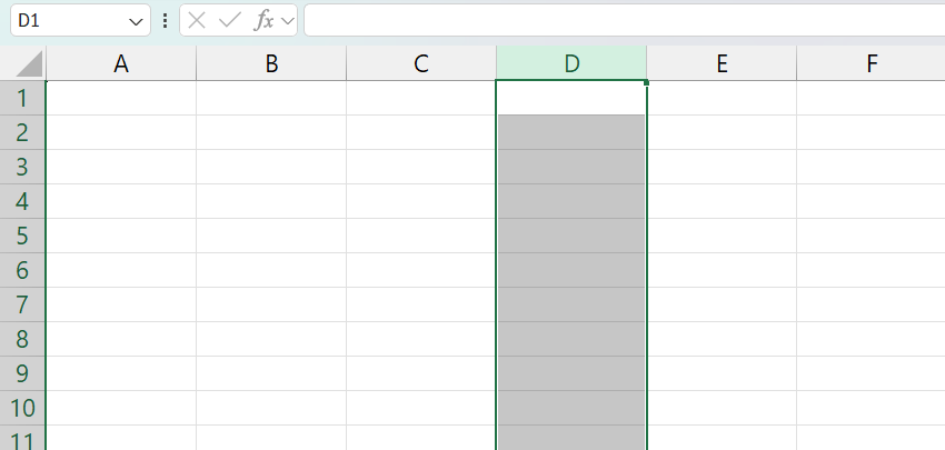 Bande grise des en-têtes de colonnes A à F en haut d'une feuille Excel vide, la lettre D surlignée parce qu'un clic dessus a sélectionné toute la colonne.