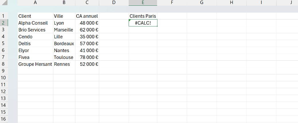 Liste de clients Excel où une formule FILTRE cherchant Paris renvoie #CALC! parce qu'aucun client ne correspond.