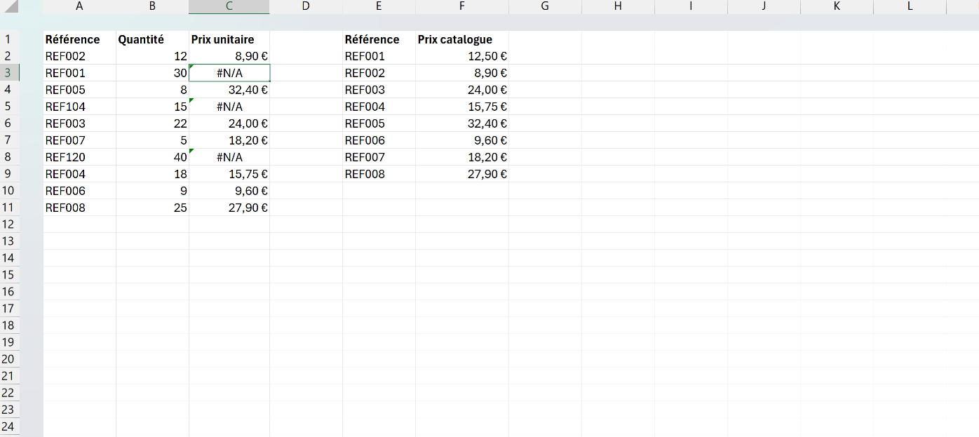 Croisement d'un export de devis et d'un catalogue tarifaire où RECHERCHEV renvoie des erreurs N/A pour les références mal saisies ou discontinuées.
