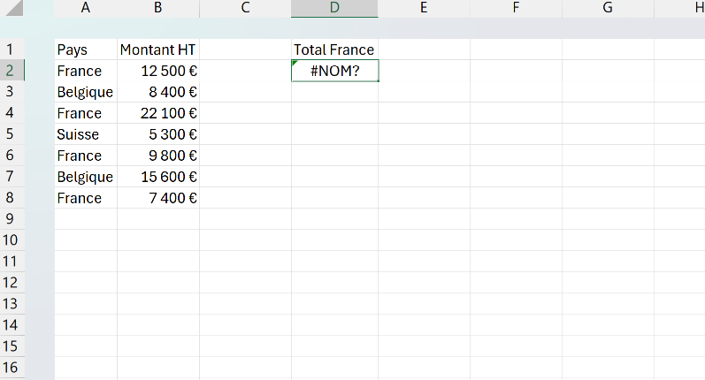 Tableau de TVA Excel où la formule SOMESI mal orthographiée renvoie l'erreur #NOM? au lieu du total France.