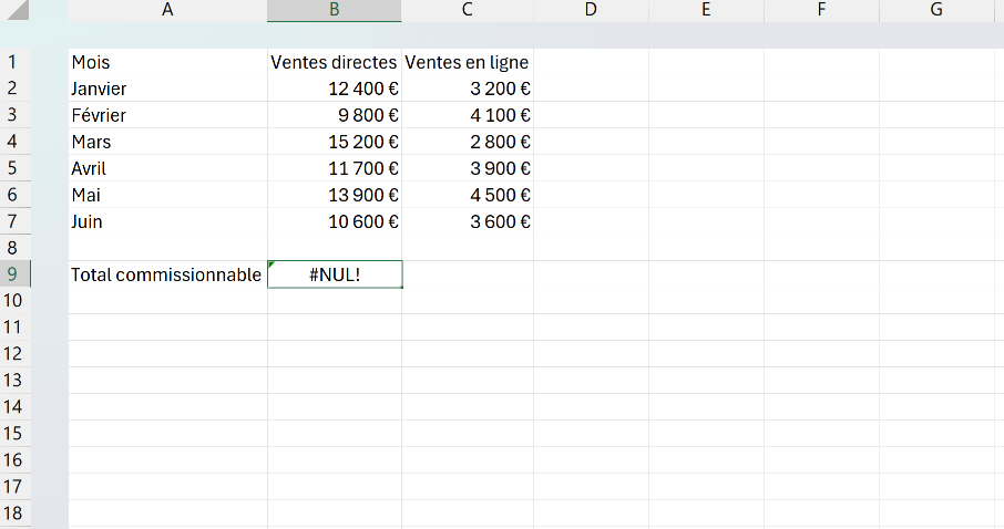 Tableau de commissions Excel où une SOMME écrite avec un espace entre les deux plages renvoie l'erreur #NUL!.