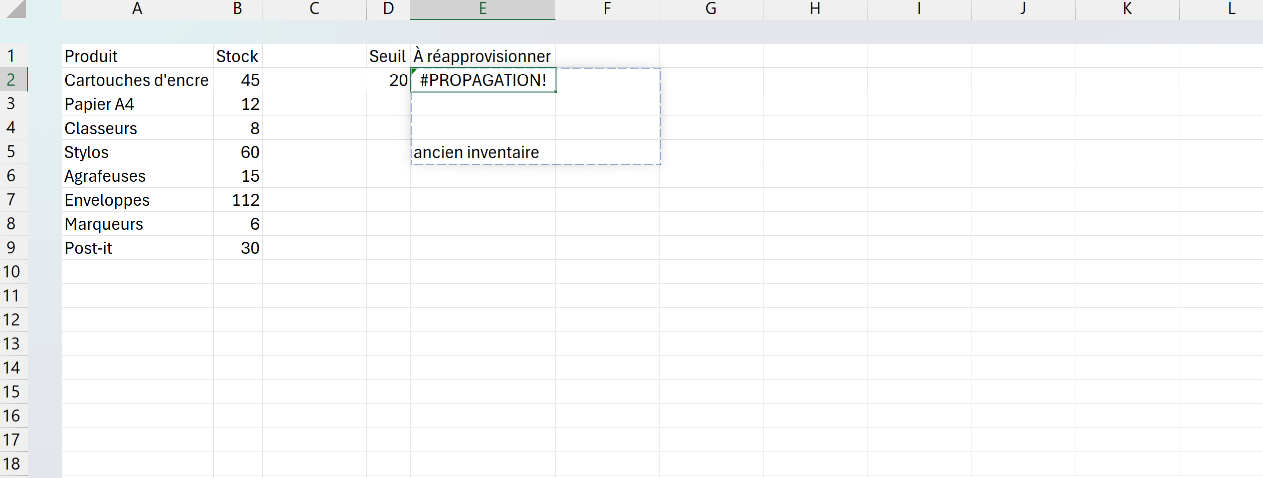Feuille Excel où une formule FILTRE renvoie #PROPAGATION! parce qu'une cellule d'un ancien inventaire bloque la zone de déversement.