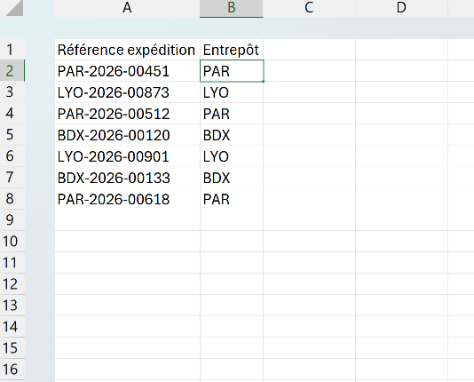 Liste de références d'expédition Excel avec une formule GAUCHE qui extrait le code entrepôt des trois premières lettres.