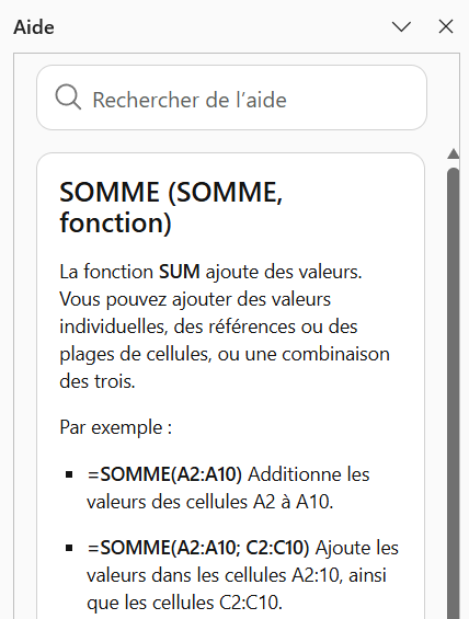 Volet d'aide Excel (touche F1) pour la fonction SOMME : description, syntaxe et exemples de formules