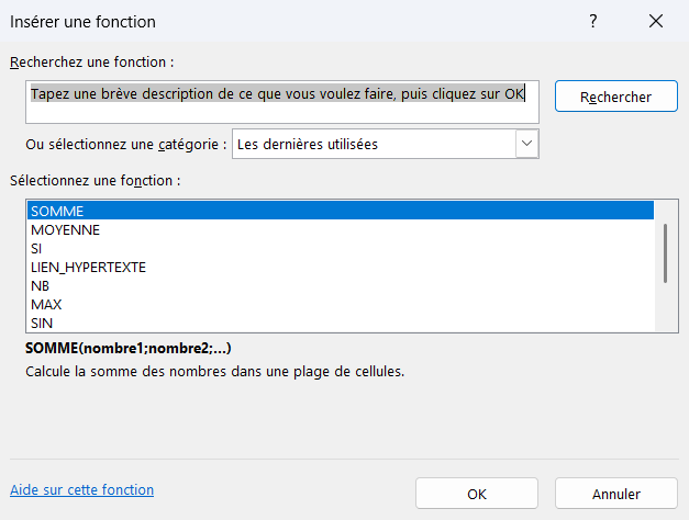 Boîte de dialogue Insérer une fonction dans Excel : zone de recherche, liste des catégories et liste des fonctions avec leur description