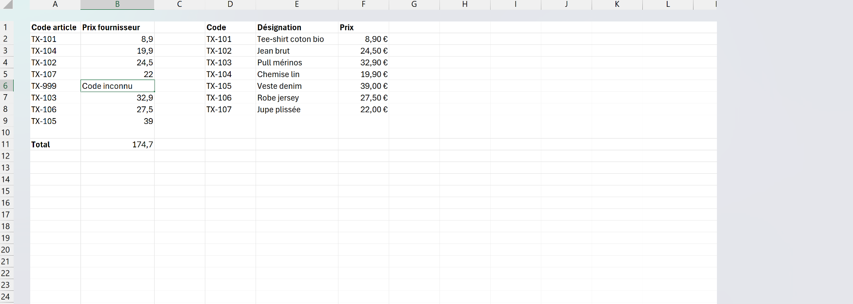 Tableau Excel où une RECHERCHEV imbriquée dans SIERREUR renvoie les prix fournisseur et affiche Code inconnu pour un code absent de la table de tarifs.