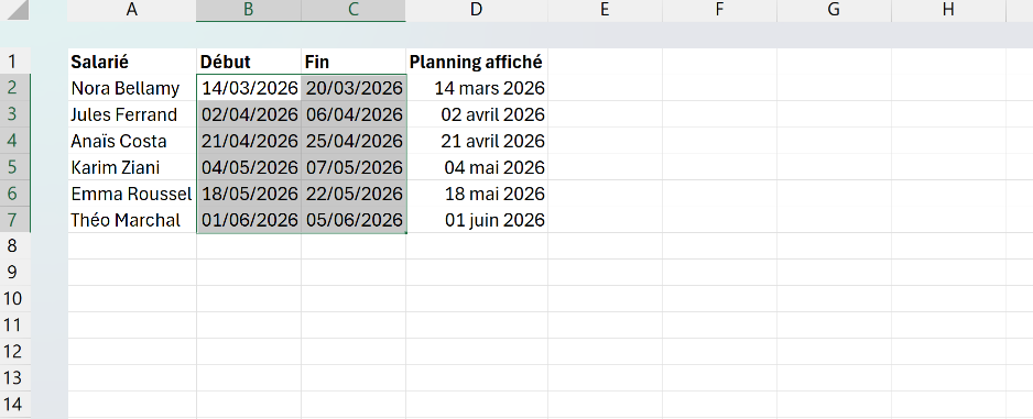 Tableau de congés dont les dates sont uniformisées au format jj/mm/aaaa, avec une colonne planning qui affiche les mêmes dates en toutes lettres.