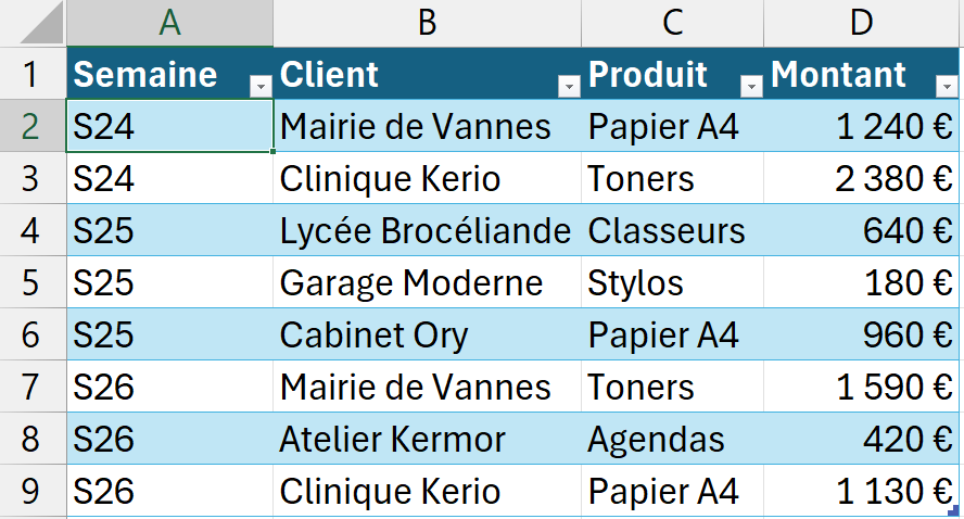 Suivi des ventes Excel mis sous forme de tableau avec en-têtes blancs sur fond bleu, lignes alternées et flèches de filtre sur chaque colonne