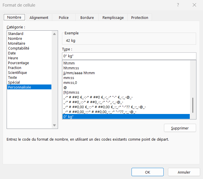 Boîte de dialogue Format de cellule sur l'onglet Nombre, catégorie Personnalisée sélectionnée, avec le code 0" kg" saisi et l'aperçu 42 kg
