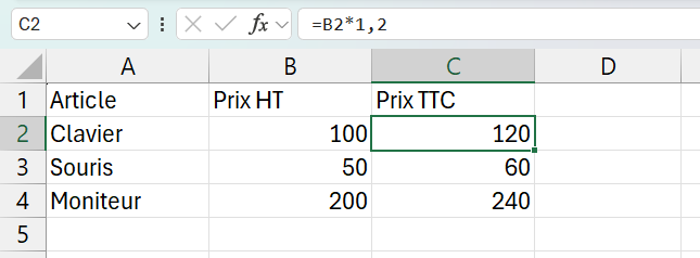 Cellule C2 sélectionnée avec la formule =B2*1,2 dans la barre de formule, qui calcule le prix TTC 120 à partir du prix HT 100.