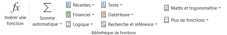 Groupe Bibliothèque de fonctions de l'onglet Formules du ruban Excel, avec le bouton Somme automatique à côté d'Insérer une fonction