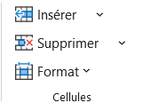 Groupe Cellules de l'onglet Accueil du ruban Excel, avec le bouton Format sous Insérer et Supprimer