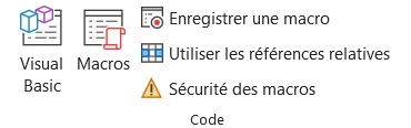 Groupe Code de l'onglet Développeur du ruban Excel, avec Enregistrer une macro en haut de la colonne de droite