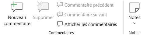 Onglet Révision du ruban Excel, avec le groupe Commentaires à gauche et le bouton Notes isolé à droite