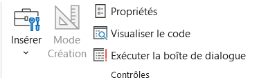 Groupe Contrôles de l'onglet Développeur du ruban Excel, avec le bouton Mode Création grisé à côté d'Insérer