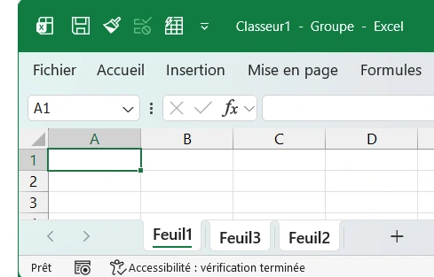 Fenêtre Excel en mode groupe de travail : la barre de titre affiche « Classeur1 [Groupe] - Excel » et, en bas, les onglets Feuil1, Feuil3 et Feuil2 sont sélectionnés ensemble en surbrillance