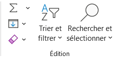 Groupe Édition de l'onglet Accueil du ruban Excel, avec le sigma de la somme automatique en haut de la colonne de gauche